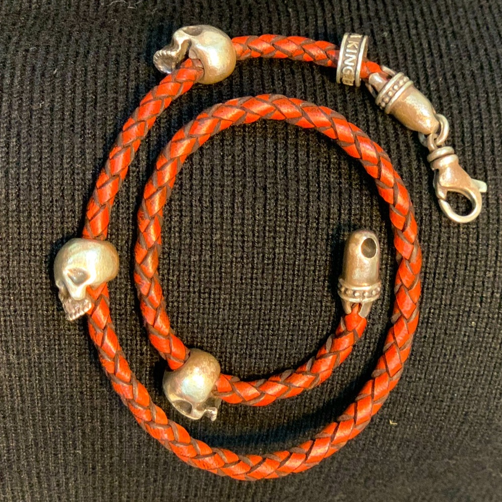 Authentic King Baby Braided Red/Black Leather Bracelet with 3 Hamlet Skulls